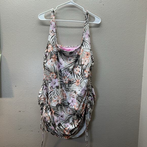 Lands End Womens Hawaiian Floral Beach Swim Suit Dress Ruched Modest Size 16 - Picture 1 of 6